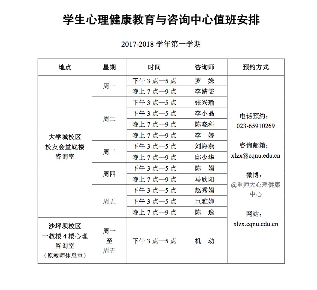 重庆师范大学学生心理健康教育与咨询中心 2017-2018学年第一学期咨询室值班表